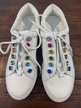 Kurt Geiger White Leather Liviah Rainbow Sneakers w/Rainbow Gemstones.9.5 (40.5)